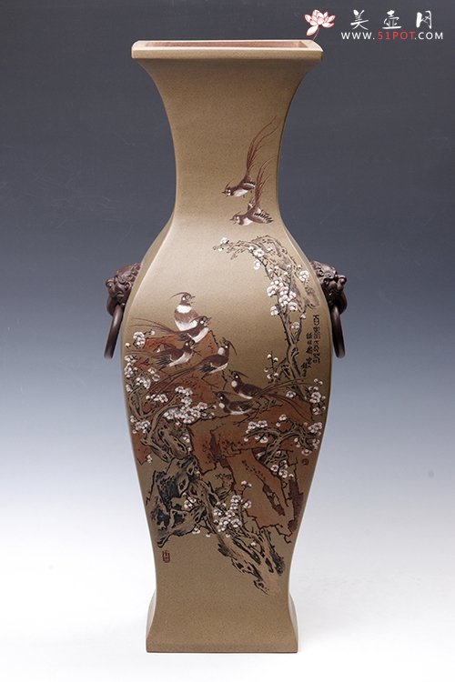 紫砂壶图片：鹤颈百寿长春瓶 - 宜兴紫砂壶网