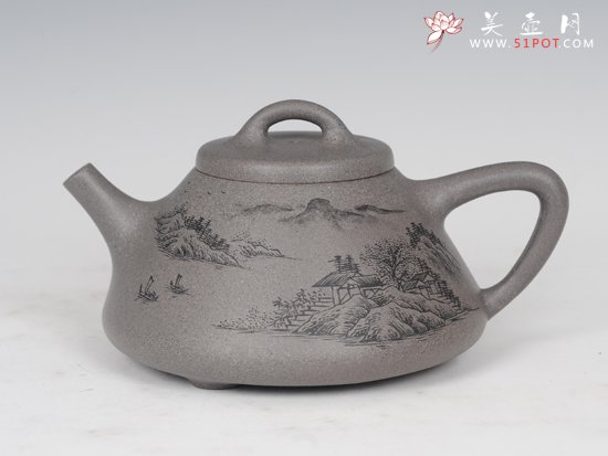 紫砂壶图片：子冶石瓢（墨绘画） - 宜兴紫砂壶网