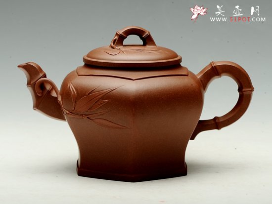 紫砂壶图片：贴竹叶六方宫灯2 - 宜兴紫砂壶网