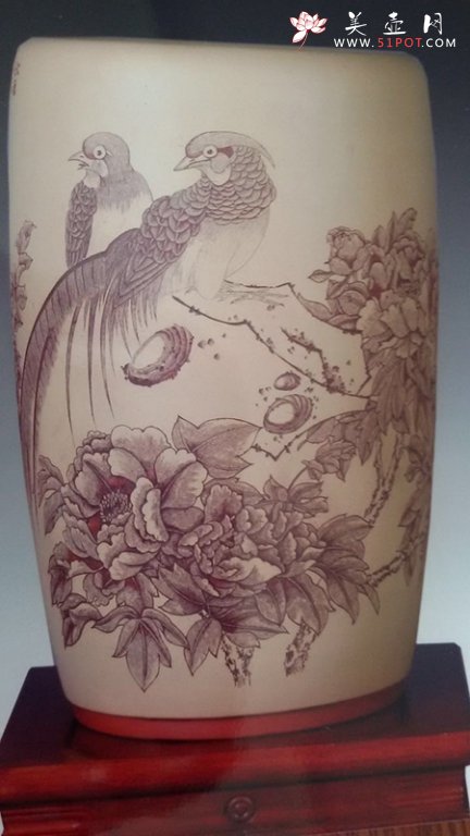 紫砂壶图片：花鸟画筒 - 宜兴紫砂壶网