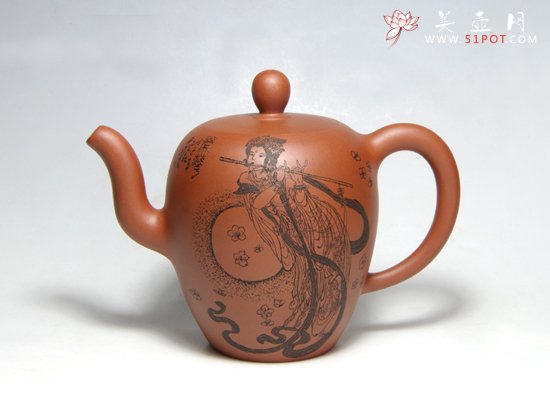 紫砂壶图片：美人肩（刻飞天） - 宜兴紫砂壶网