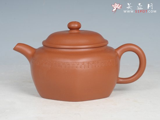 紫砂壶图片：朱泥全手工云肩小六方 - 宜兴紫砂壶网
