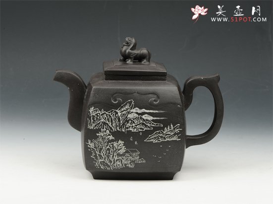 紫砂壶图片：四方瑞兽 800cc 原矿黑金砂 - 宜兴紫砂壶网