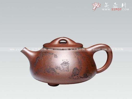 紫砂壶图片：刻人物石瓢壶 - 宜兴紫砂壶网