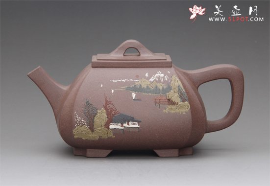 紫砂壶图片：四方抽角石瓢 - 宜兴紫砂壶网