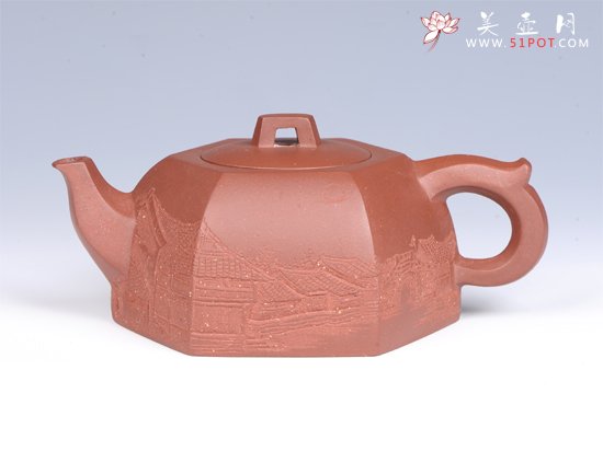 紫砂壶图片：- 浮雕六方井兰 - - 宜兴紫砂壶网