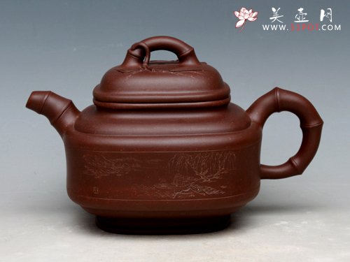 紫砂壶图片：四方竹鼓 泥料：拼紫 - 宜兴紫砂壶网