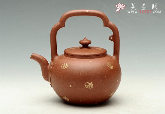 紫砂壶图片：吴径提梁（描金） - 宜兴紫砂壶网