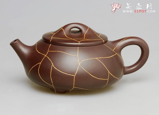 紫砂壶图片：开片石瓢（纯紫老泥）200cc - 宜兴紫砂壶网