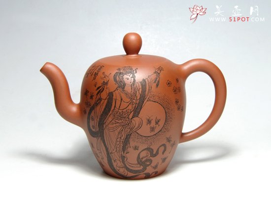 紫砂壶图片：美人肩（刻飞天） - 宜兴紫砂壶网