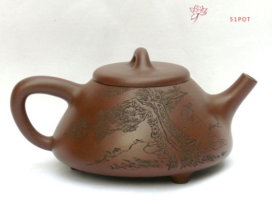 紫砂壶图片：石瓢（陶刻人物情趣） - 宜兴紫砂壶网