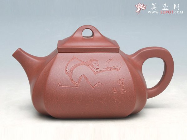 紫砂壶图片：抽角石瓢（与画家朱曜奎合作）（紫泥） - 宜兴紫砂壶网