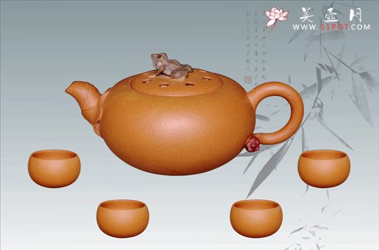 紫砂壶图片：嬉戏荷塘套壶 - 宜兴紫砂壶网
